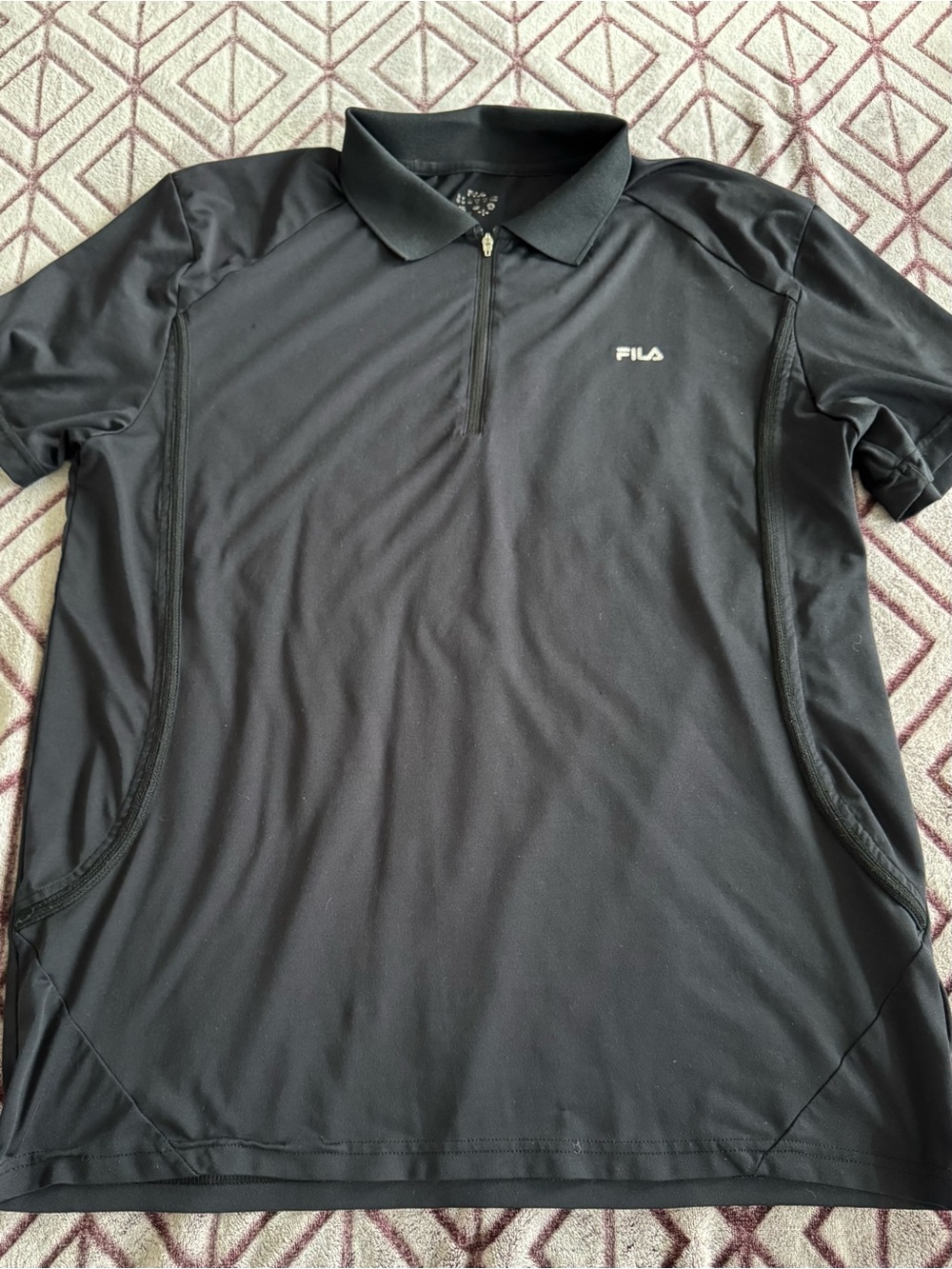 FILA Men's Black Short-Sleeve Zip Polo with White Logo Size M